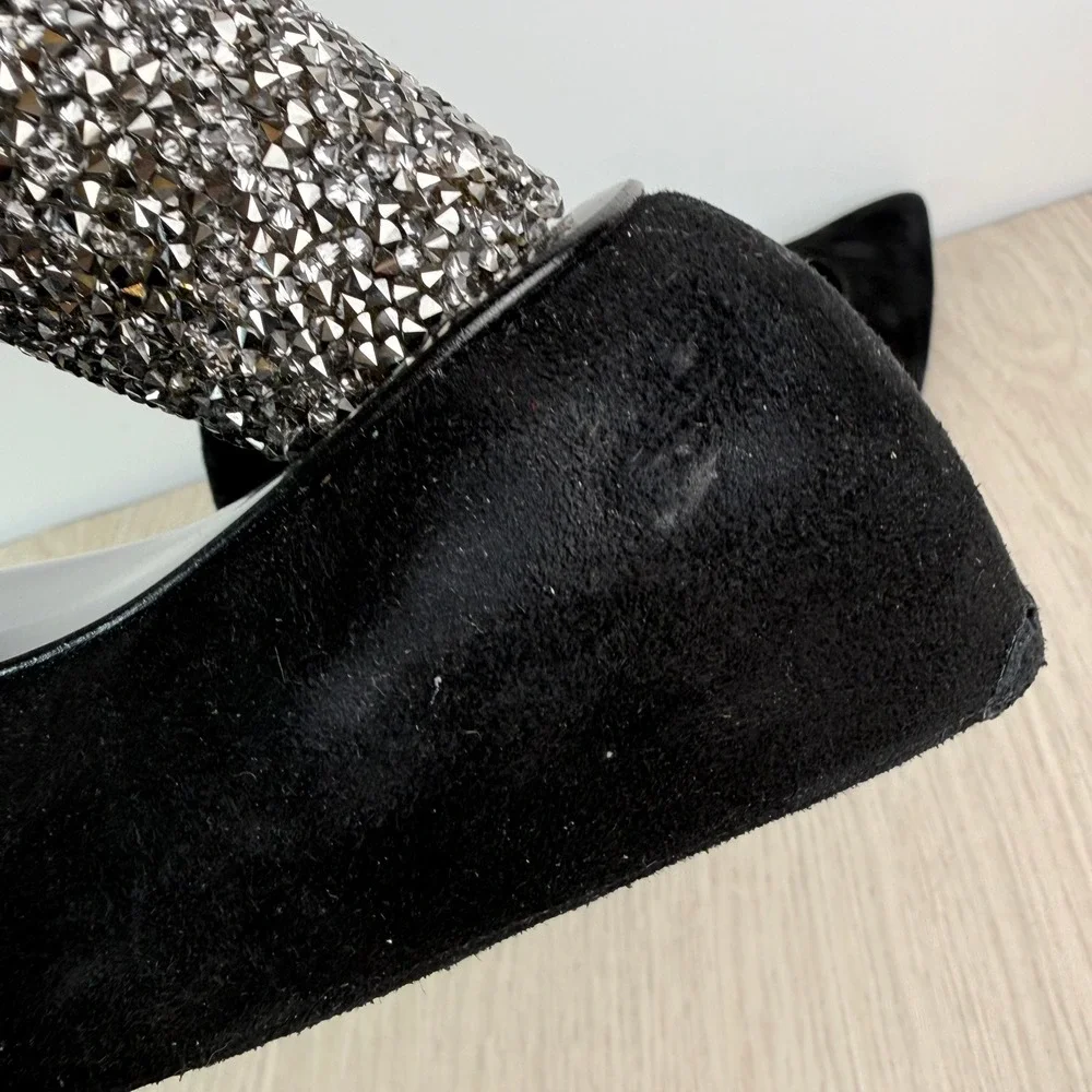 & Other Stories Black Suede‎ Embellished Block Heel Pumps Pointed Toe Spain 39